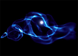 A simulation shows a black hole, white, interacting with gas, blue, about 200 million years after the big bang. Image courtesy of Marcelo Alvarez, John H. Wise and Tom Abel.