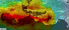 A screenshot of a computer simulation of the 1906 earthquake that shook the San Francisco Bay Area. The red areas indicate the most intense shaking. Image courtesy of NEES and USGS.