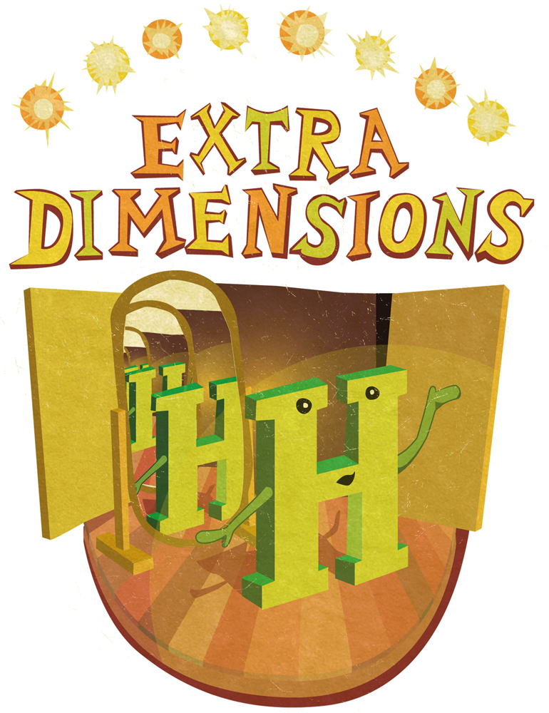 Illustration of "H" on stage with mirror being it "Extra Dimensions" above