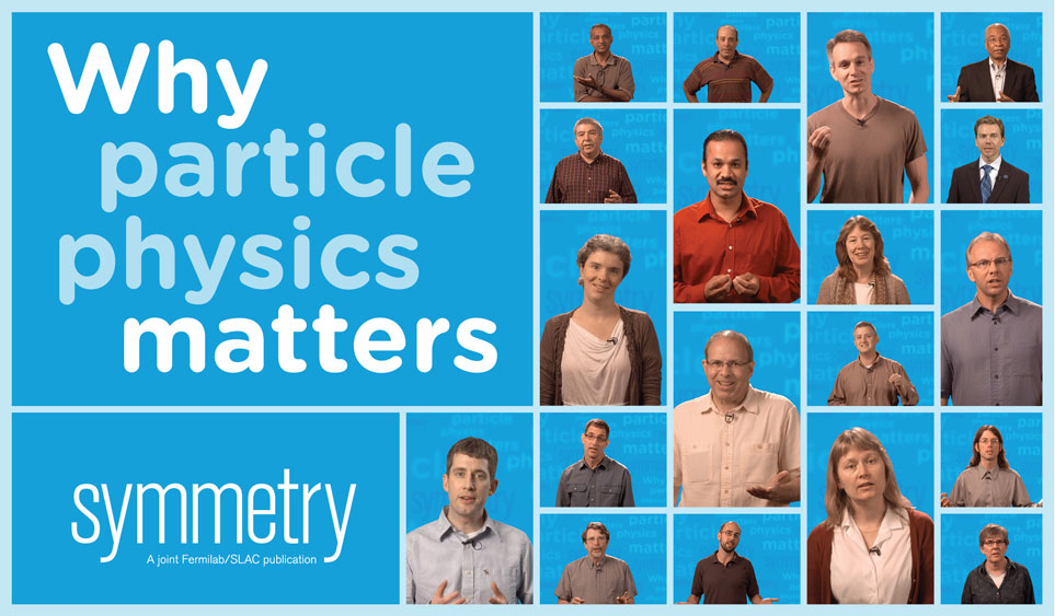Photo collage of physicists and typography "why particle physics matters" 