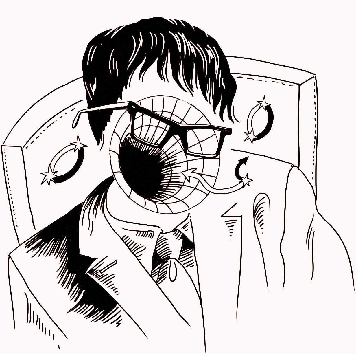 Illustration of Stephen Hawking with black hole over face