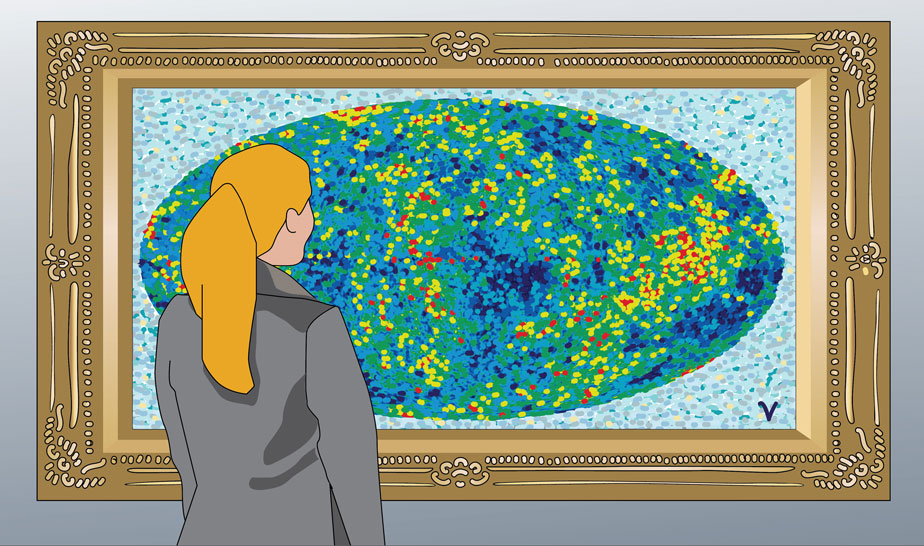 Woman looking at framed painting of heavenly neutrinos CMB