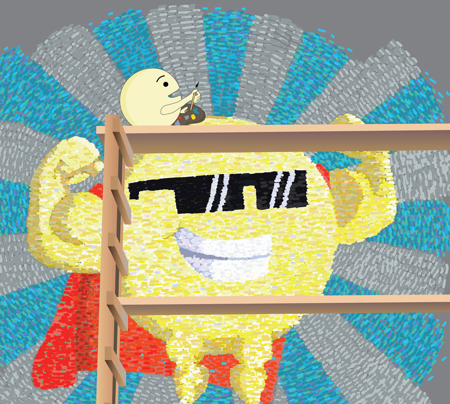 Sun with muscles, sunglasses, cape, and smaller sun sitting on top of him waiting wall 