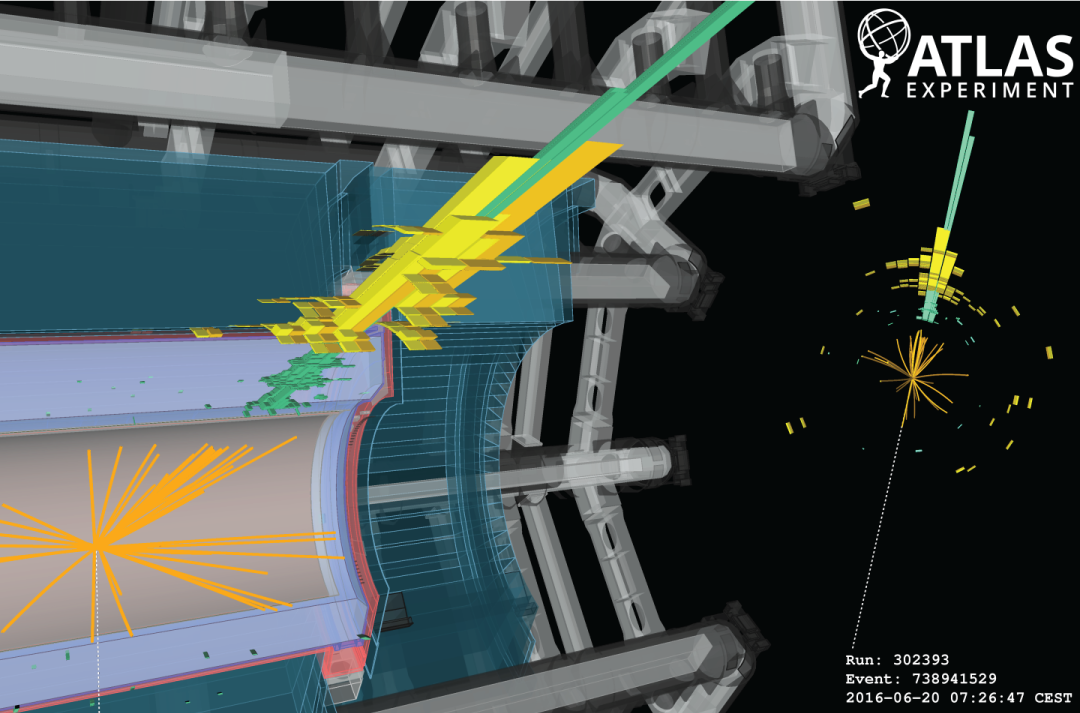 Image of a simulated event display showing what dark matter might look like in the ATLAS experiment at the LHC