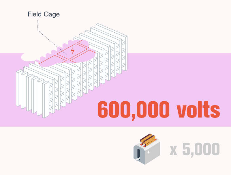 Illustration of field cage, "600,000 volts, toaster with toast "x 5,000" (pink, white, grey, red)