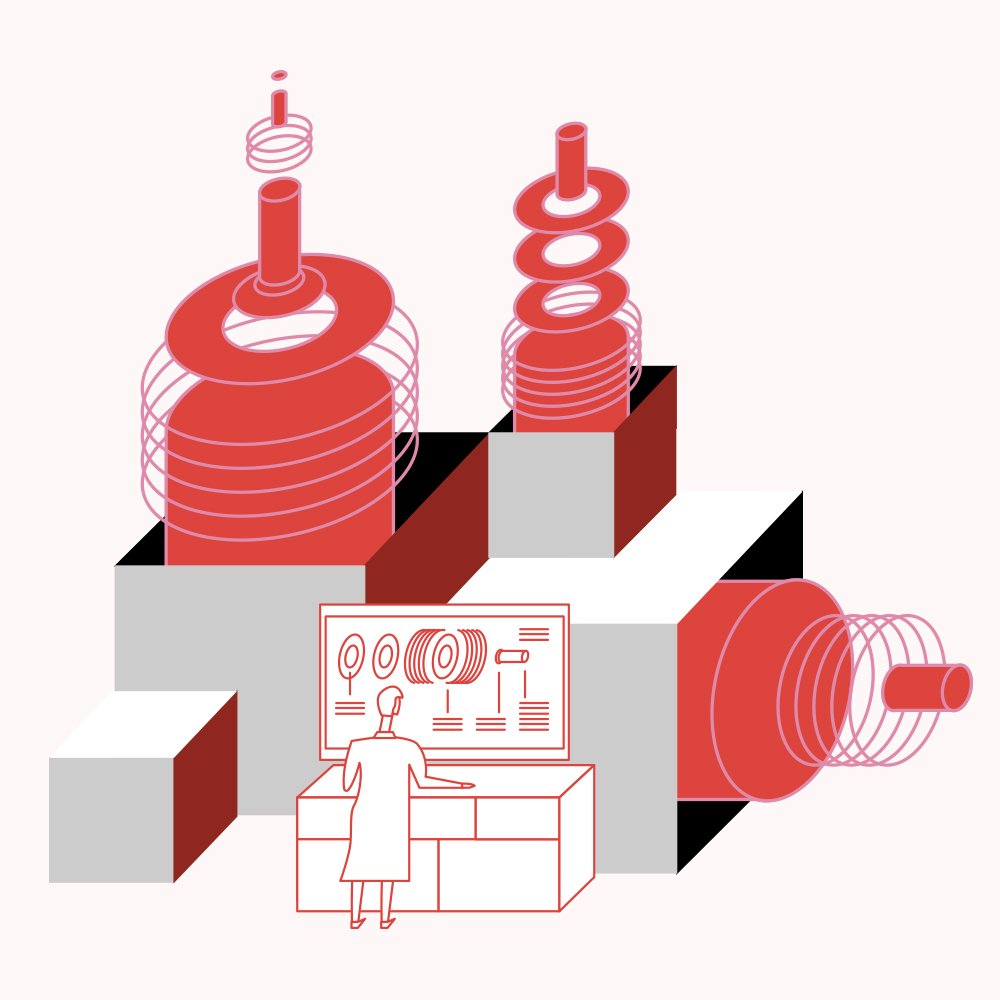 Illustration of scientist working at control panel of large grey and red machine 