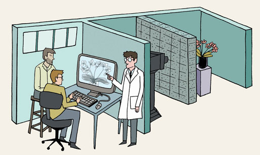 Illustration of three scientists in cubicles looking at monitor