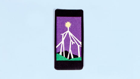 Illustration of phone with landscape background: purple sky, sun, lightening bolts, rolling green hills