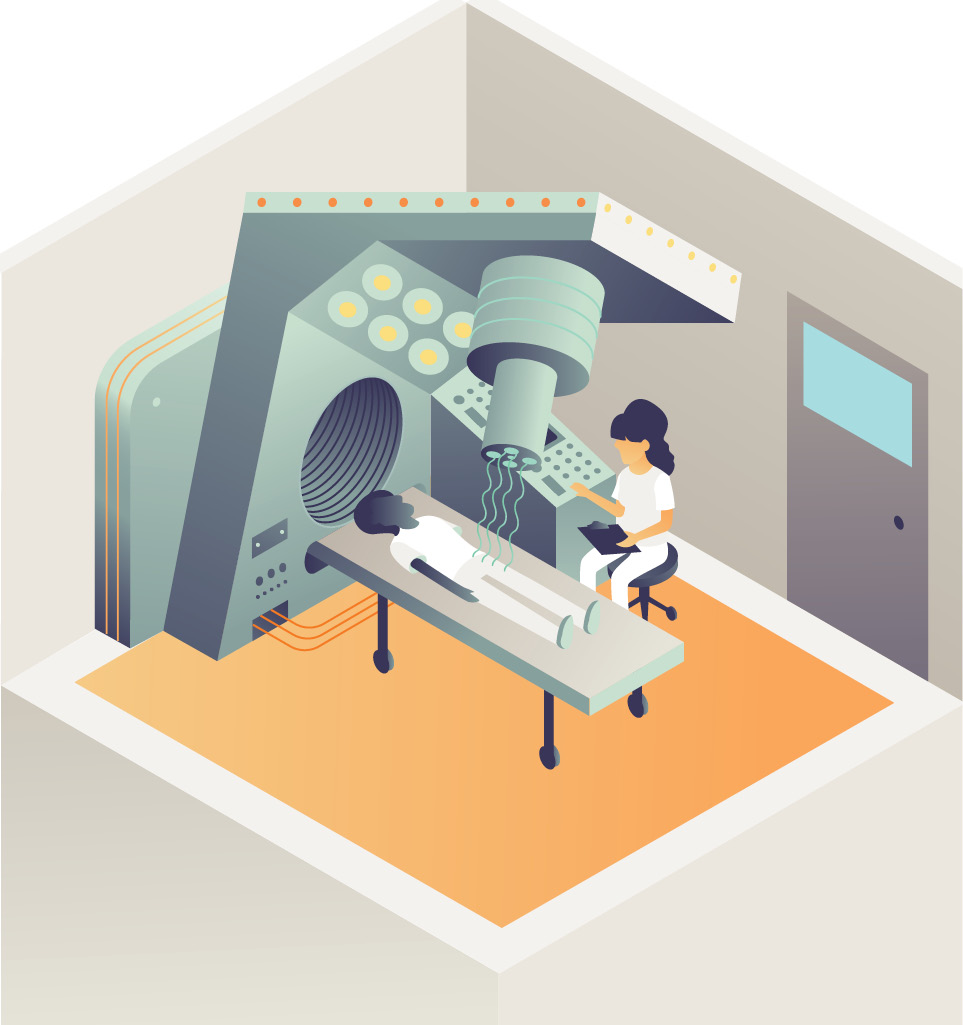Illustration of woman radiologist using x-ray machine on patient