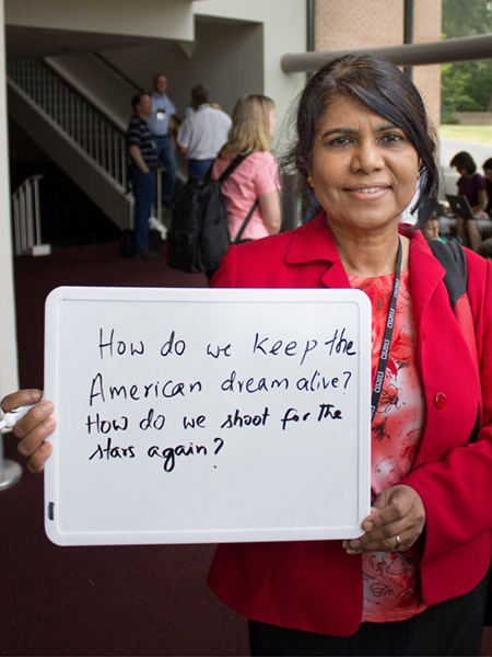 Photo of Pushpa Bhat "How do we keep the American dream alive? How do we shoot for the stars again?"