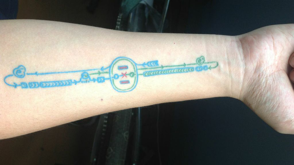 Photo Gabriel Palacios' ILC tattoo close-up on forearm 