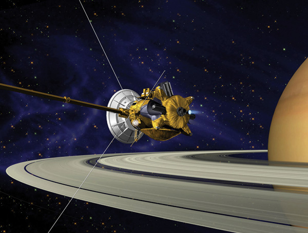 Artist's interpretation of the Cassini spacecraft orbiting Saturn