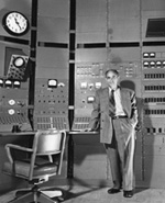 Enrico Fermi at the controls of the Chicago Synchrocyclotron at the University of Chicago. 