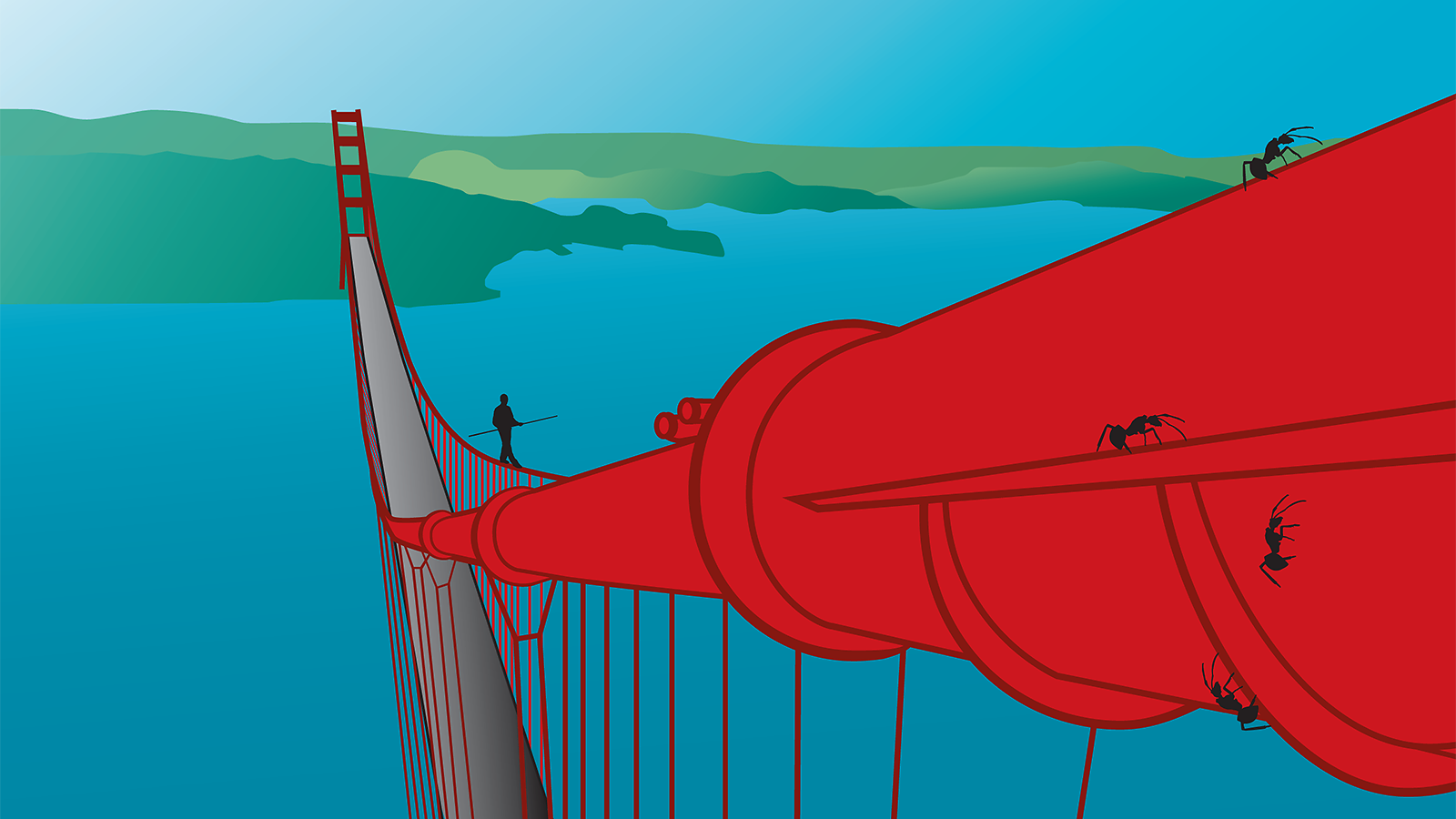 Illustration of a man tightrope walking the Golden Gate Bridge and ants walking around the cable