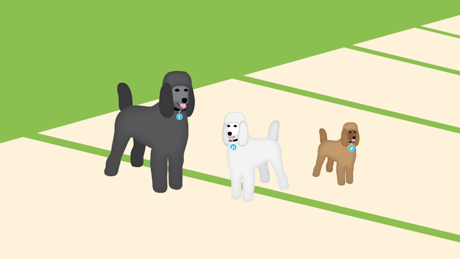 Illustration of three poodles on a sidewalk