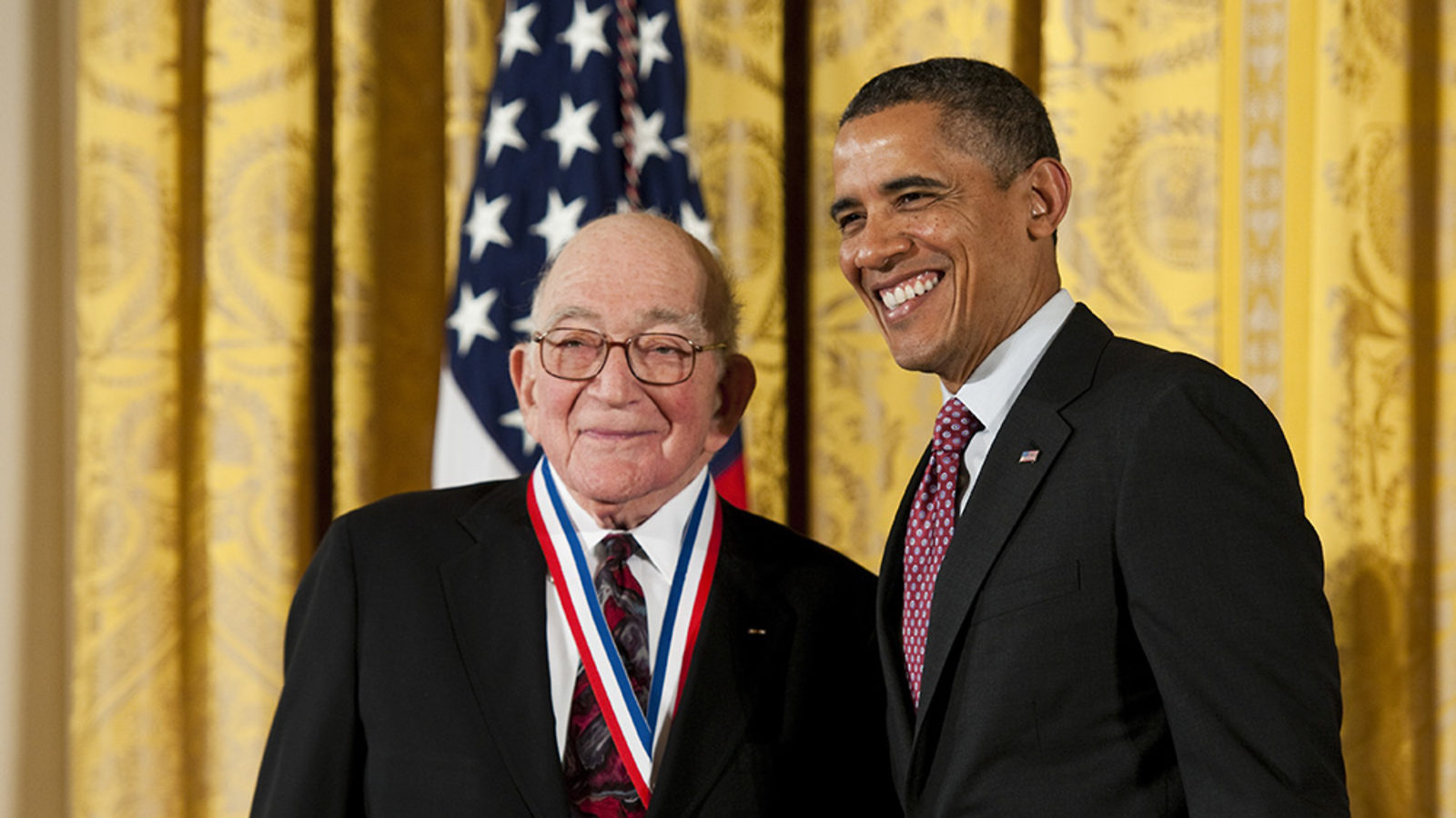 Photo of 2011 National Medal Drell: Sidney Drell receives the National Medal of Science from President Obama