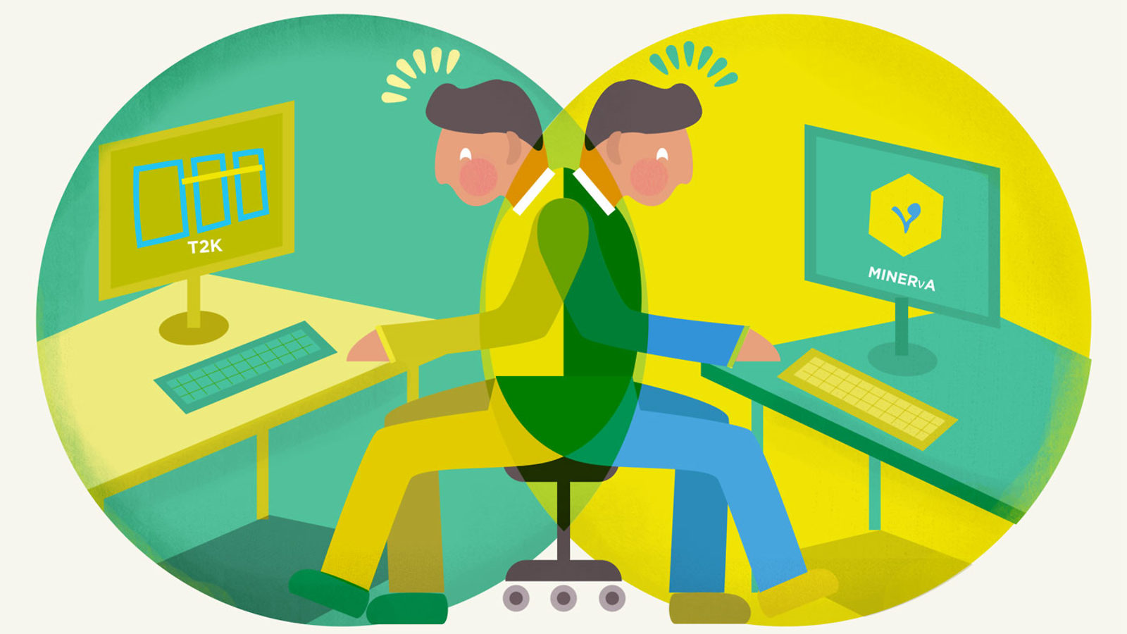 Illustration of two people sitting back to back with computer screens, neutrino network