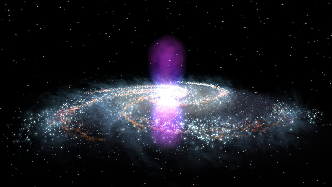 Image showing Milky Way blowing two gamma-ray bubbles, one above and one below our galaxy's center (magenta)