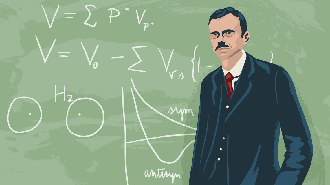 Illustration of Paul Dirac at a chalkboard