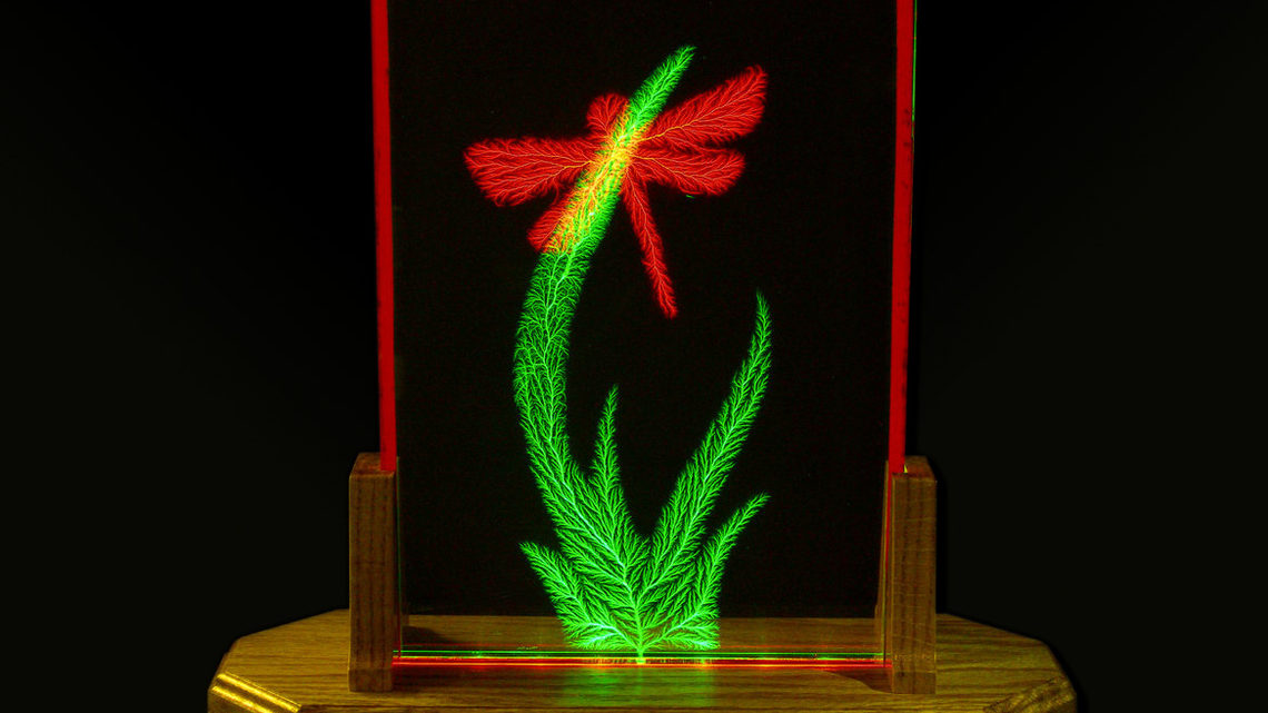 Image of Illuminating two separate acrylic pieces from below with two rows of LED lights—one red and one green