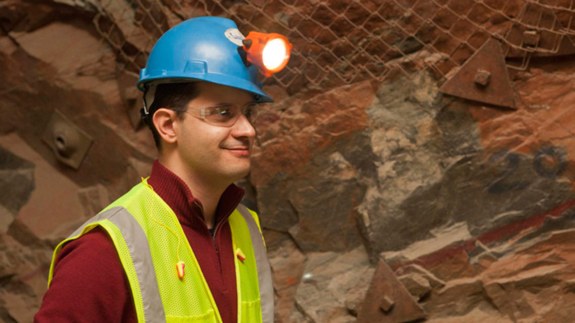 Photo of LUX scientist Simon Fiorucci inspects the progress of the underground construction