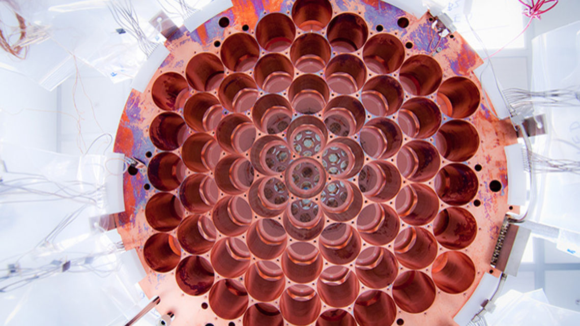 Photo of the LUX detector features two arrays with 61 slots each for photomultipliers