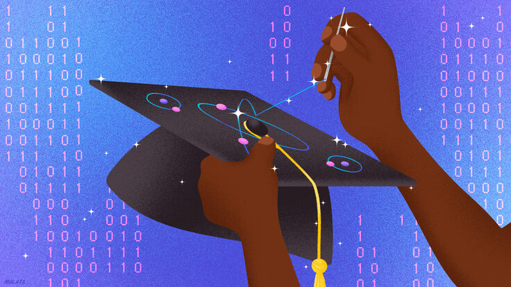 Illustration: A student scientist embroiders their graduation cap with atom