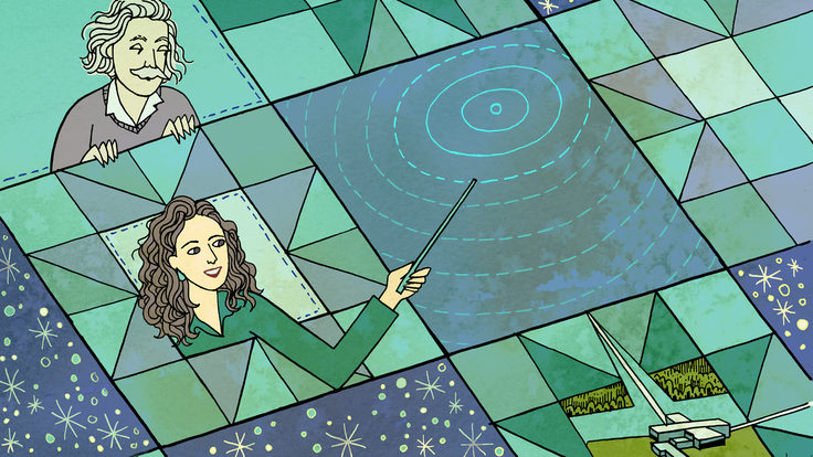 Einstein and woman in game board, she is holding a want and pointing it at concentric circles in space