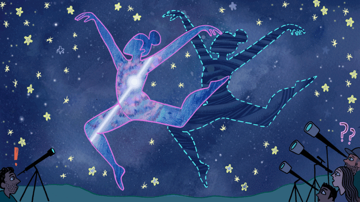 Two women dancing in space