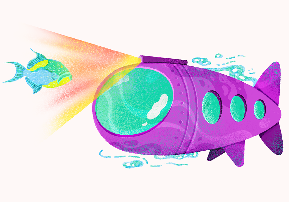 Illustration of a submarine shining a light onto a fish