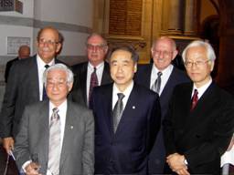 Left to right: Steve Olsen, T. Maskawa, D. Hitlin, M. Kobayashi, Jonathan Dorfan, F. Takasaki