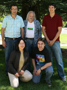 BaBar scientists hunting for the light Higgs boson include: (clockwise from back left) Arafat Gabareen Mokhtar, Arthur Snyder, Erik Petigura, Yury Kolomensky, and Hojeong Kim. (Photo by Nicholas Bock.)