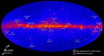 This all-sky map shows the positions and names of 16 new pulsars (yellow) and eight millisecond pulsars (magenta) studied using Fermi's LAT. (Image: NASA.)
