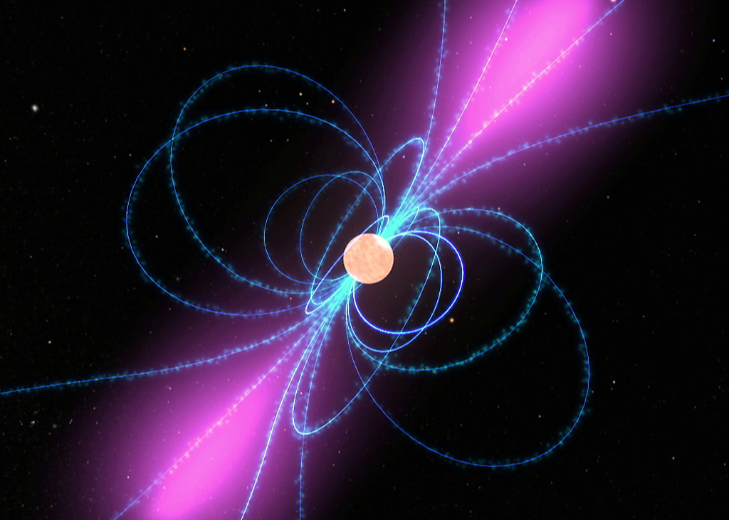 Clouds of charged particles move along the pulsar's magnetic field lines (blue) and create a lighthouse-like beam of gamma rays (purple) in this illustration. Credit: NASA