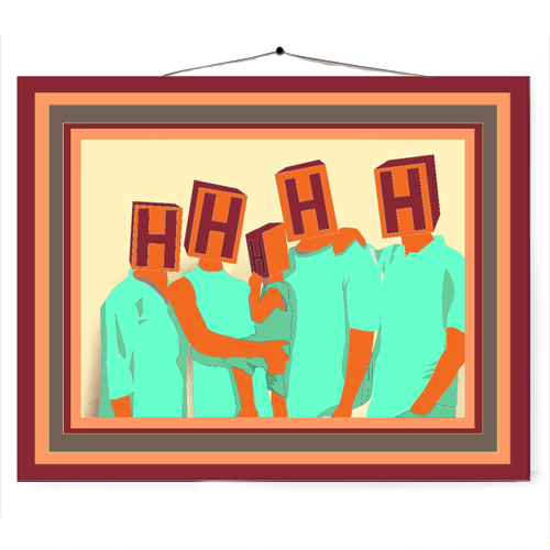Illustration of Higgs family photo in frame hanging on wall