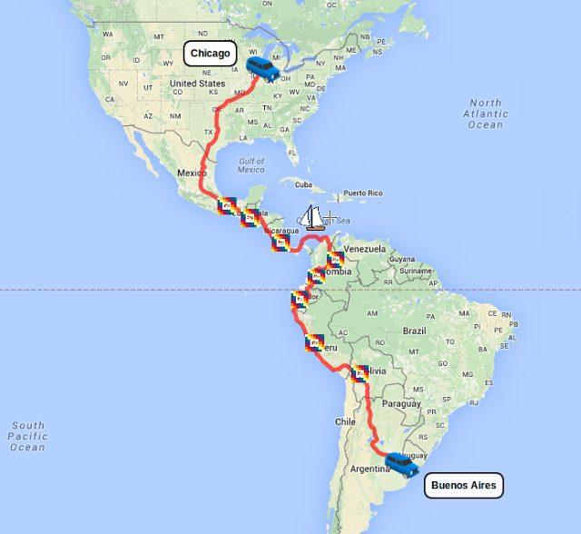 Map showing the route from Chicago to Buenos Aires