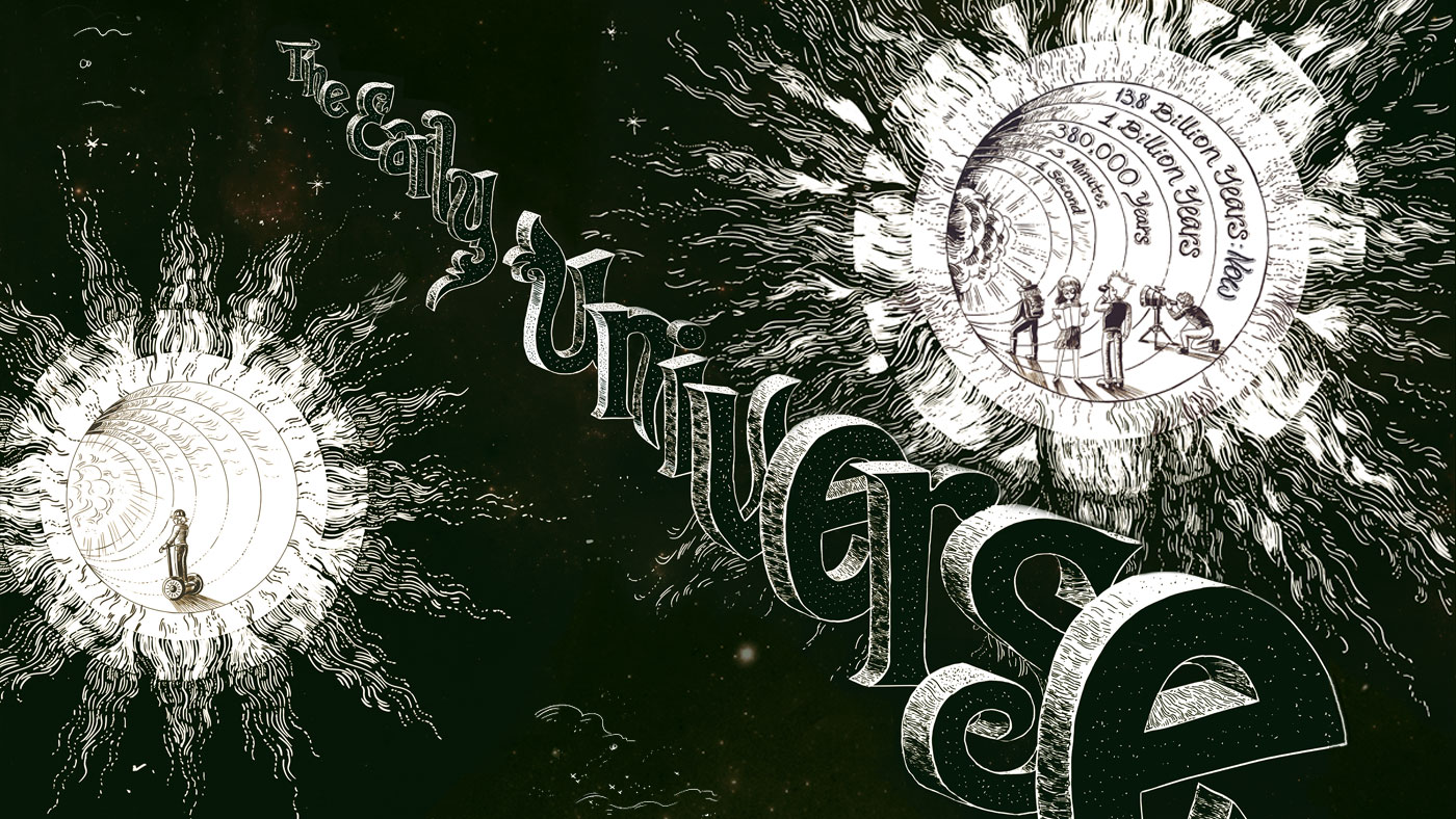 Black and white sketch illustration of the early universe