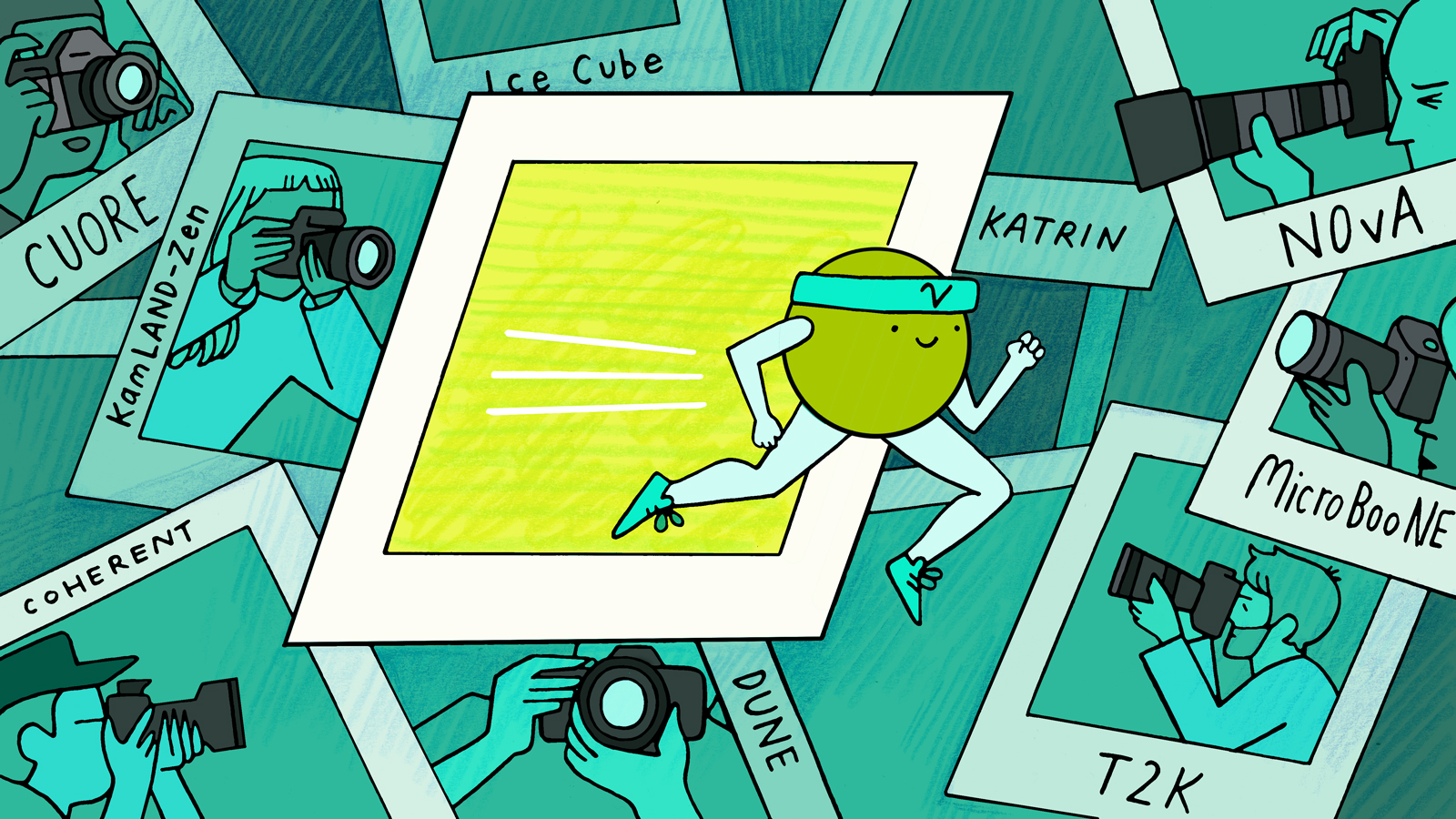 Illustration of polaroids with neutrino who is running out of the center photo (dark and light teal, chartreuse, white) 