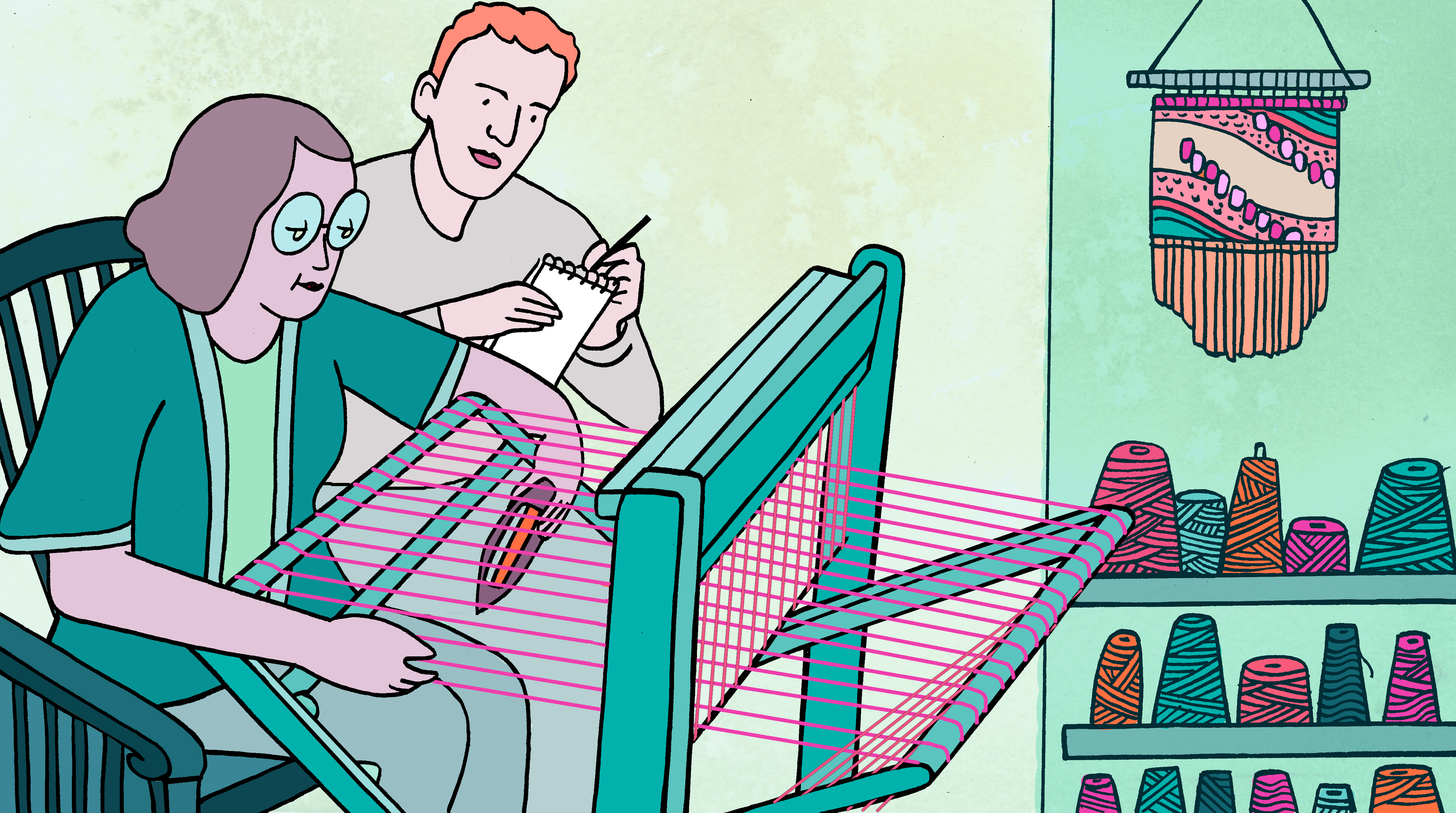 Illustration of skarpass observing woman weaving