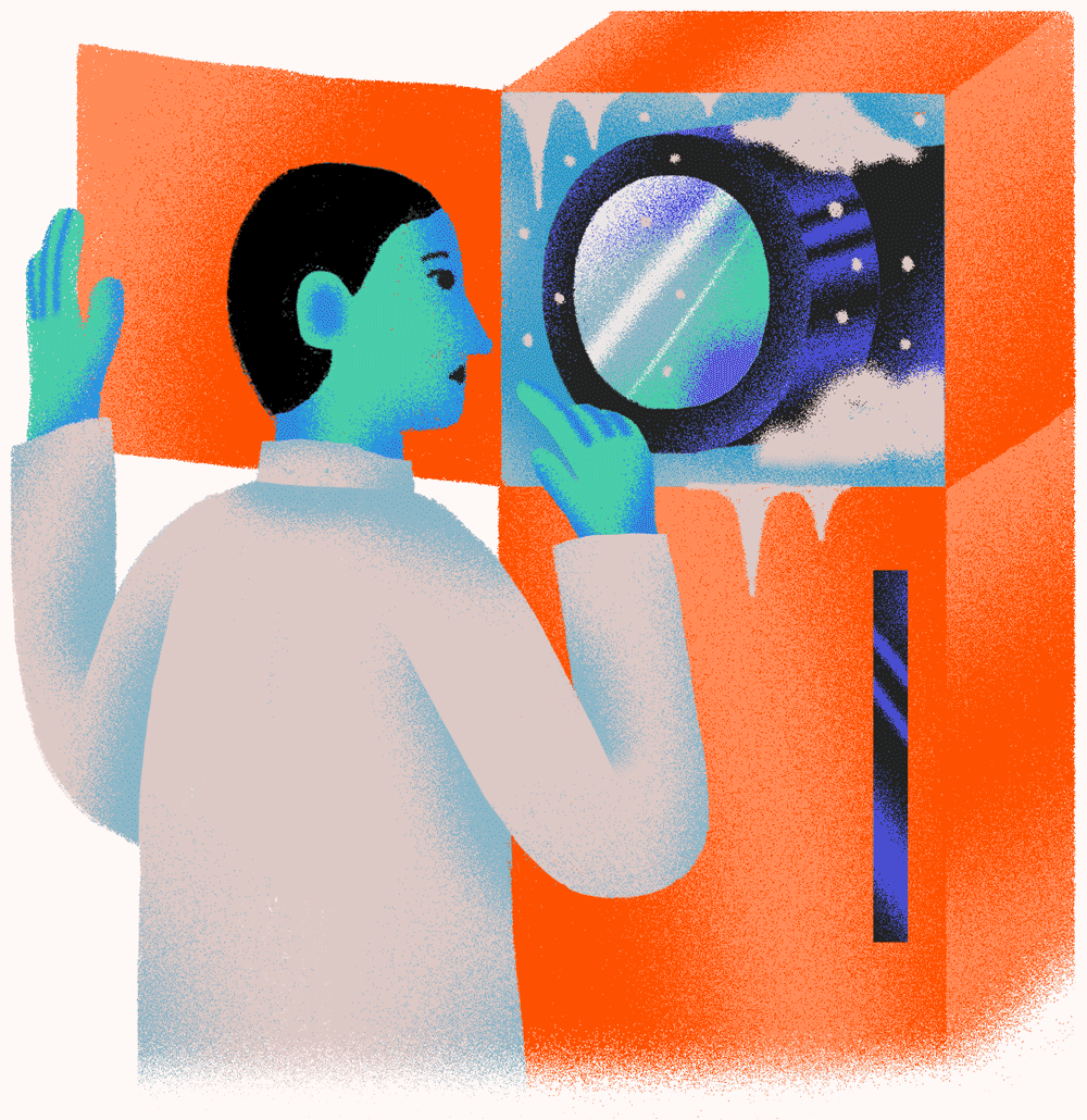 An illustration of a technician observing a cryostat in a traditional freezer