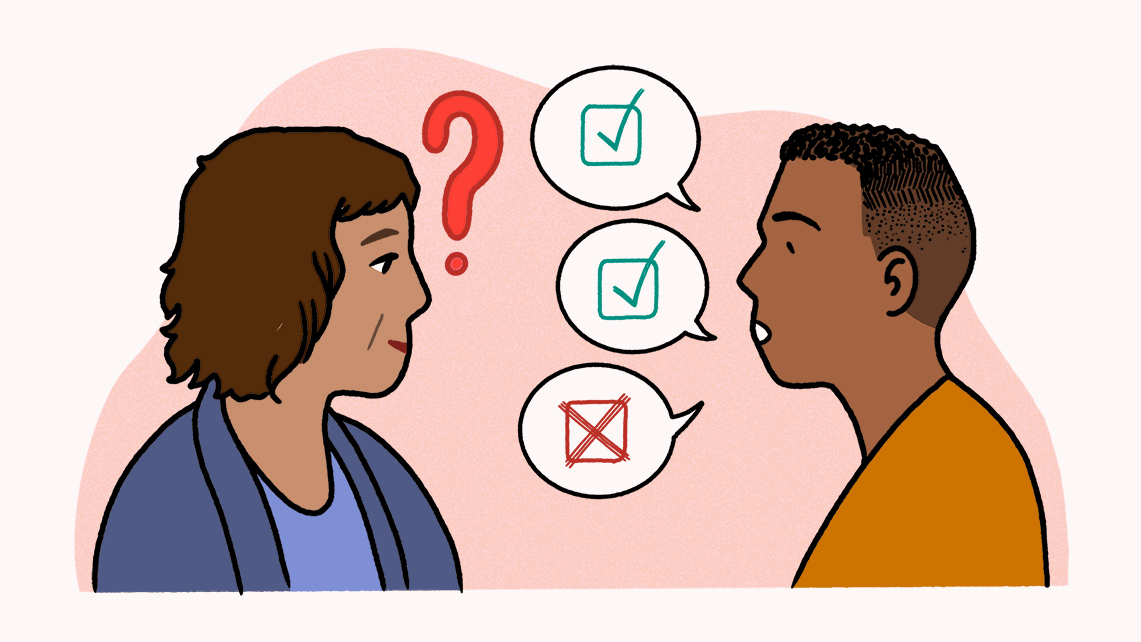 Illustration of a mentor and mentee discussing questions