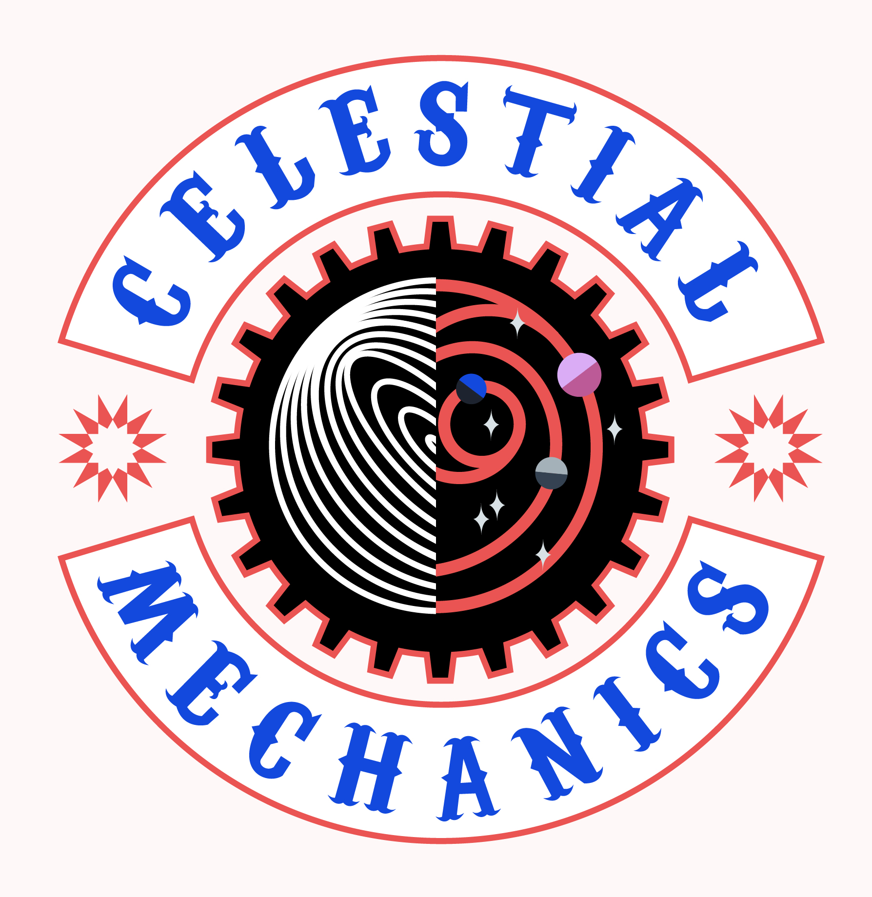Celestial Mechanics: illustration of a physics-themed biker gang patch