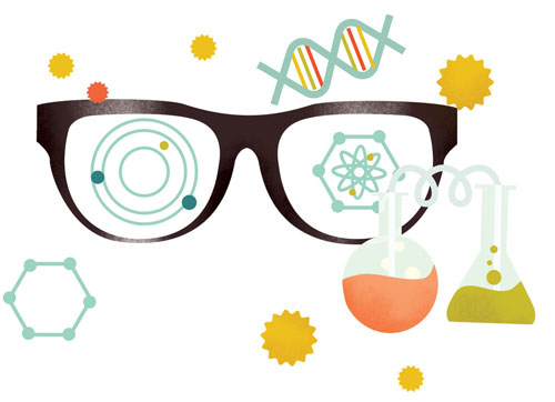 Illustration of glasses, beakers, and particles floating around