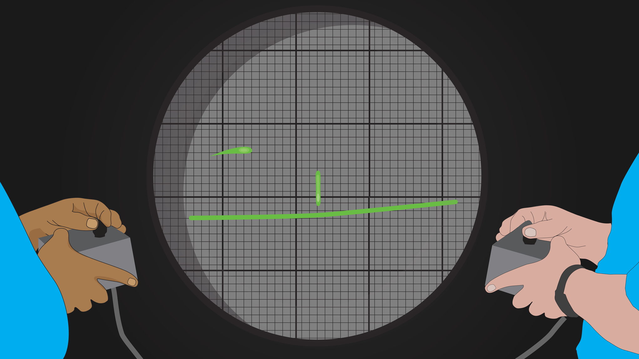 Illustration of two people playing with controllers on circular grid screen almost like pong