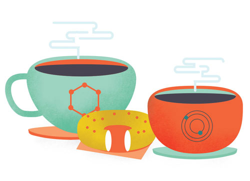 Illustration of to coffee cups with bagel 