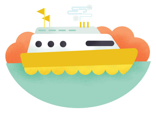 Illustration of boat in semi-circle shape with orange clouds in background, and green water beneath