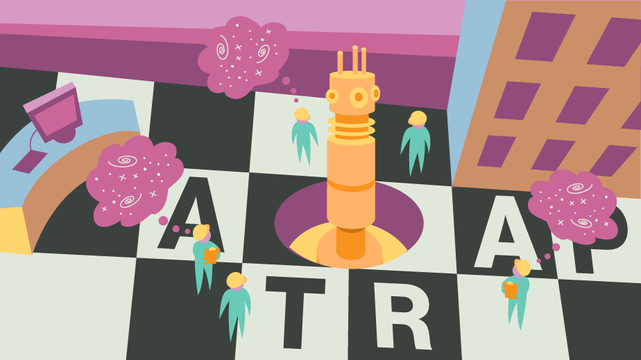 "ATRAP" written on black and white square on the ground with small construction workers around 