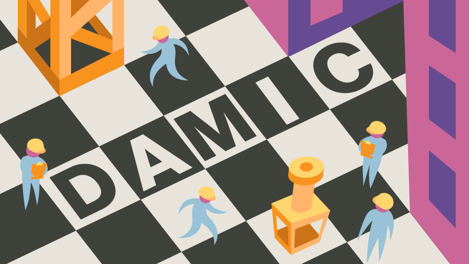 "DAMIC" written on black and white squares with small construction workers 