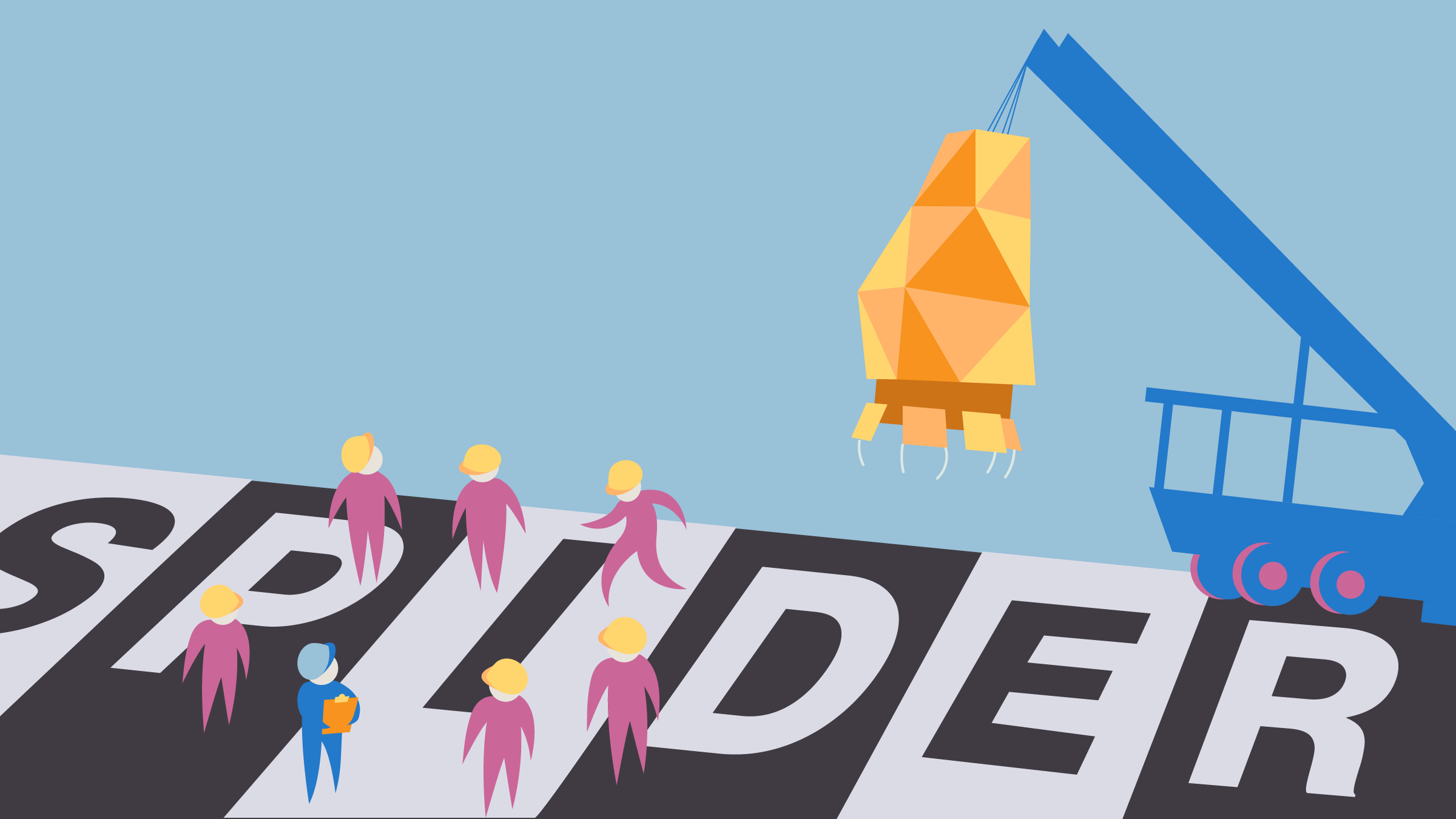 "SPIDER" written on black and white squares with small construction workers and a crane 