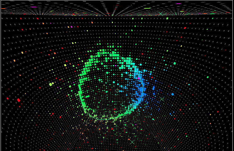 Image of the cylindrically shaped Super Kamiokande, each colored dot represents where a flash of light was detected